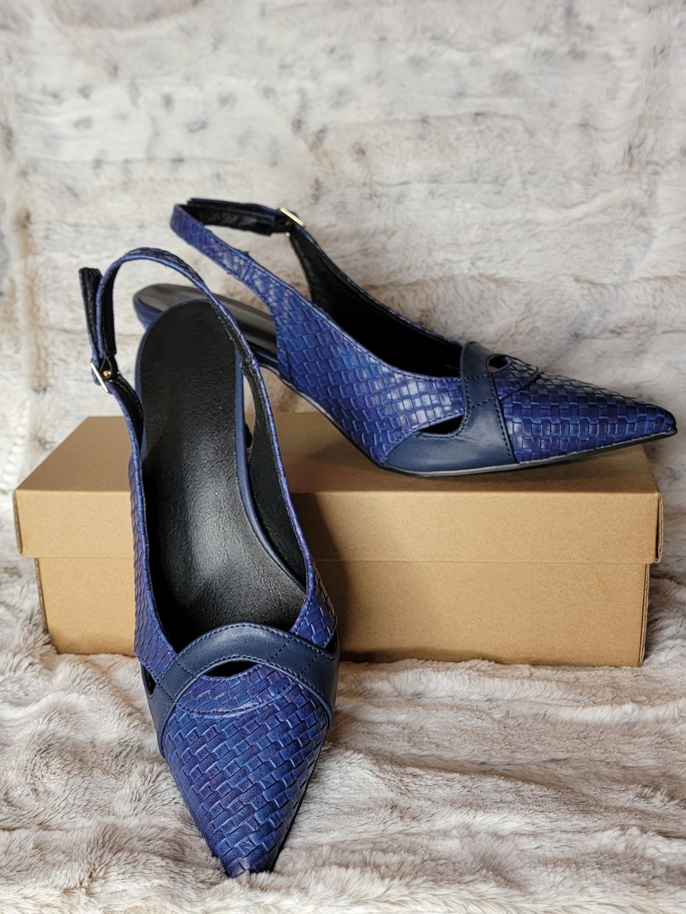 Women's Navy Woven Pointed-Toe Slingback Heels